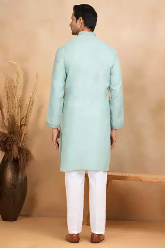 Mandarin collor embroidered cotton green kurta