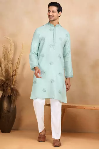 Mandarin collor embroidered cotton green kurta
