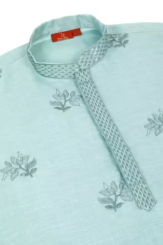 Mandarin collor embroidered cotton green kurta