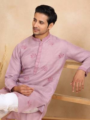 mandarin collar embroidered cotton lavender kurta 1