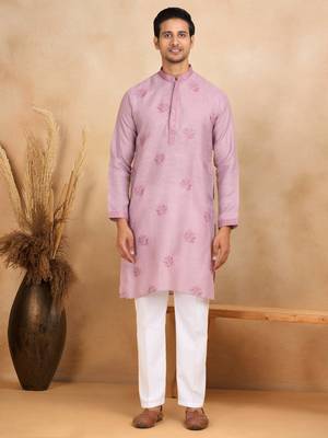 mandarin collar embroidered cotton lavender kurta 2
