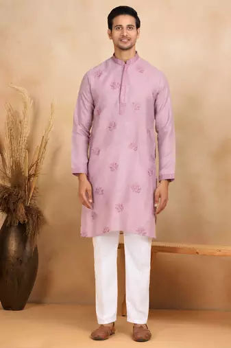 mandarin collar embroidered cotton lavender kurta