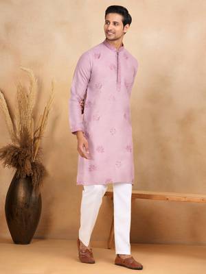 mandarin collar embroidered cotton lavender kurta 4