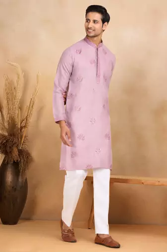 mandarin collar embroidered cotton lavender kurta