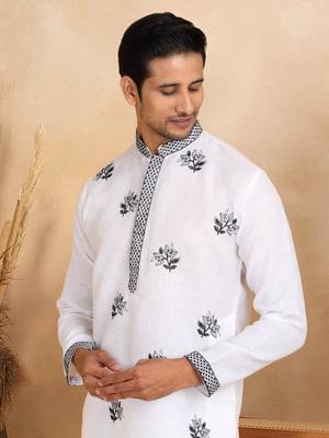 Mandarin collor embroidered cotton white kurta 1
