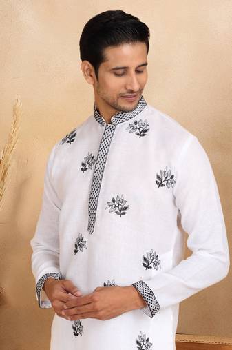 Mandarin collor embroidered cotton white kurta
