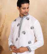 Mandarin collor embroidered cotton white kurta