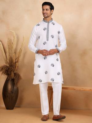 Mandarin collor embroidered cotton white kurta 2
