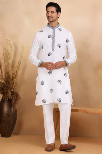 Mandarin collor embroidered cotton white kurta