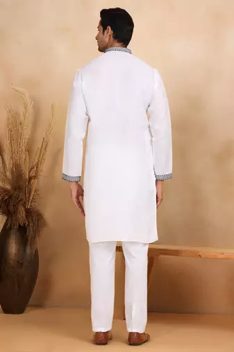 Mandarin collor embroidered cotton white kurta