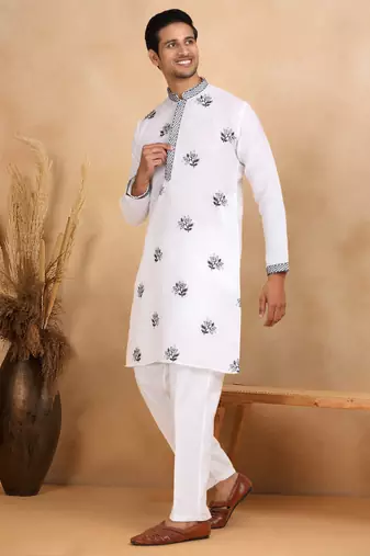 Mandarin collor embroidered cotton white kurta