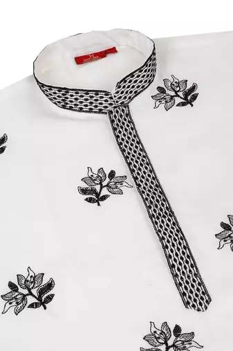 Mandarin collor embroidered cotton white kurta