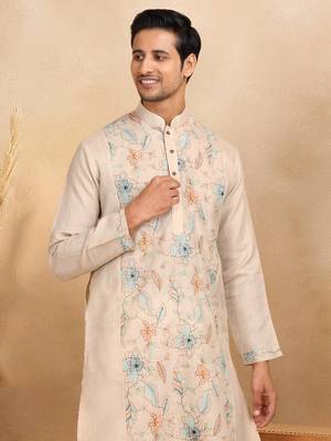 Floral embroidered mandarin collor cotton beige kurta 1