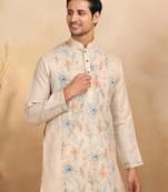 Floral embroidered mandarin collor cotton beige kurta