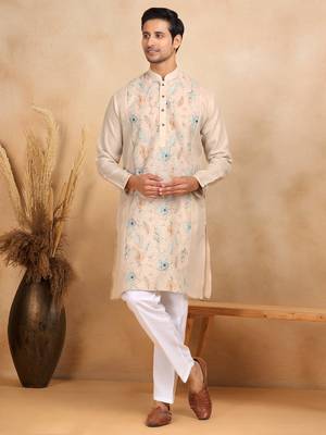 Floral embroidered mandarin collor cotton beige kurta 2