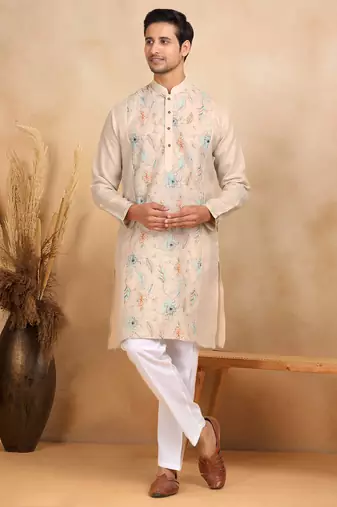 Floral embroidered mandarin collor cotton beige kurta