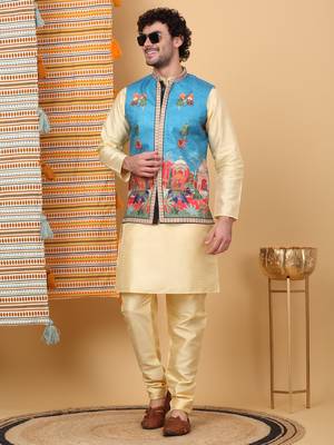 Silk blend beige kurta and churidar with ethnic motifs blue nehru jacket 1