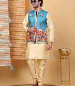 Silk blend beige kurta and churidar with ethnic motifs blue nehru jacket
