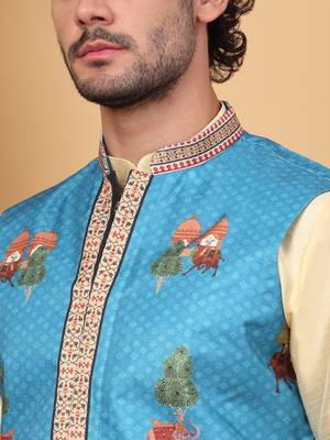 Silk blend beige kurta and churidar with ethnic motifs blue nehru jacket 2