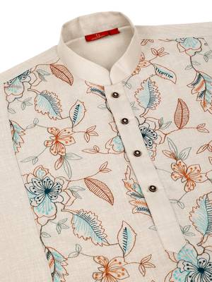 Floral embroidered mandarin collor cotton beige kurta 4