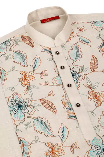 Floral embroidered mandarin collor cotton beige kurta