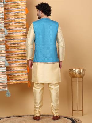 Silk blend beige kurta and churidar with ethnic motifs blue nehru jacket 3