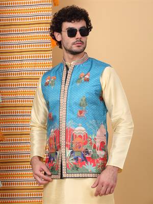 Silk blend beige kurta and churidar with ethnic motifs blue nehru jacket 4