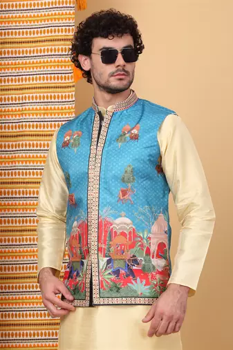Silk blend beige kurta and churidar with ethnic motifs blue nehru jacket