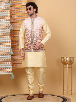 Silk blend beige kurta and churidar with floral printed beige nehru jacket 1