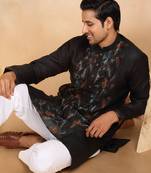Floral embroidered mandarin collor cotton black kurta