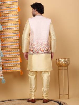 Silk blend beige kurta and churidar with floral printed beige nehru jacket 3