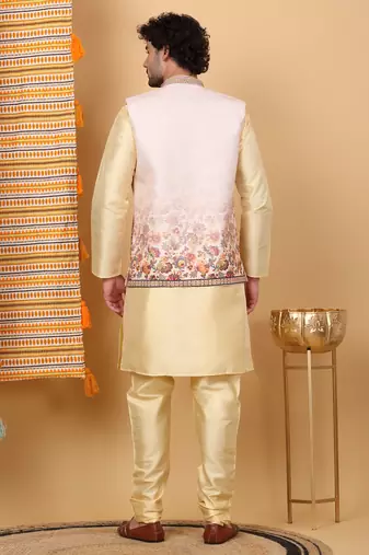 Silk blend beige kurta and churidar with floral printed beige nehru jacket
