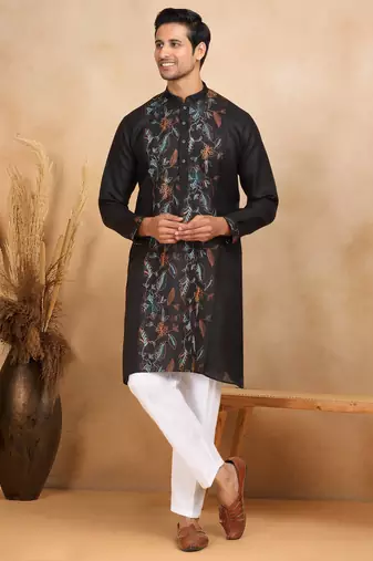 Floral embroidered mandarin collor cotton black kurta