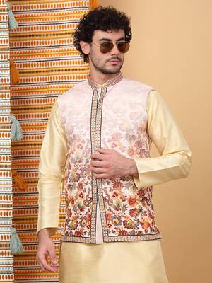 Silk blend beige kurta and churidar with floral printed beige nehru jacket 4