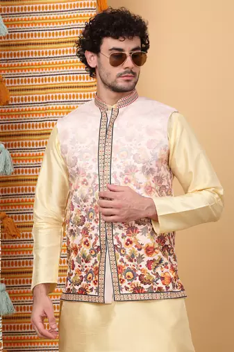 Silk blend beige kurta and churidar with floral printed beige nehru jacket
