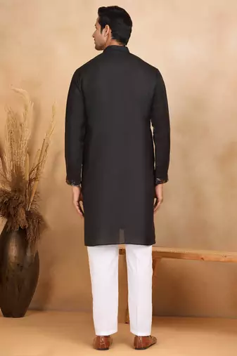 Floral embroidered mandarin collor cotton black kurta