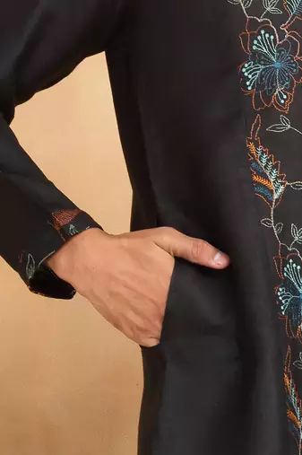 Floral embroidered mandarin collor cotton black kurta