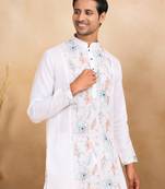Floral embroidered mandarin collor cotton white kurta