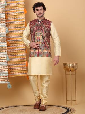 Silk blend beige kurta and churidar with paisley printed maroon nehru jacket 1