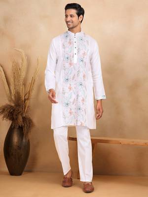 Floral embroidered mandarin collor cotton white kurta 2