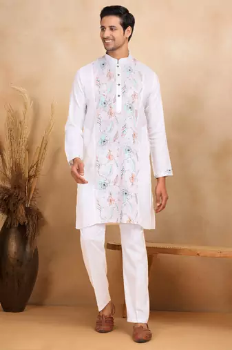 Floral embroidered mandarin collor cotton white kurta