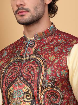 Silk blend beige kurta and churidar with paisley printed maroon nehru jacket 2