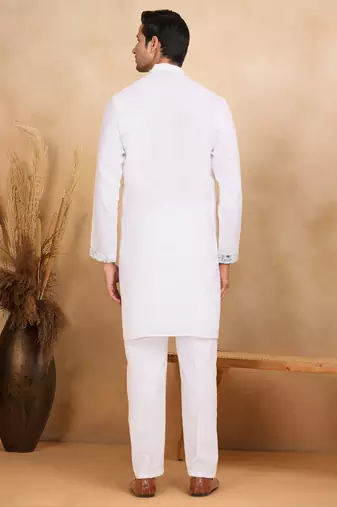 Floral embroidered mandarin collor cotton white kurta