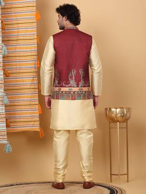 Silk blend beige kurta and churidar with paisley printed maroon nehru jacket 3