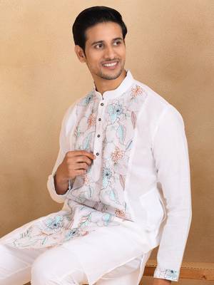 Floral embroidered mandarin collor cotton white kurta 4