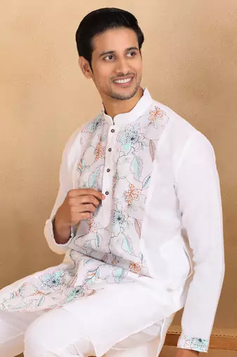 Floral embroidered mandarin collor cotton white kurta