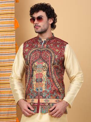 Silk blend beige kurta and churidar with paisley printed maroon nehru jacket 4