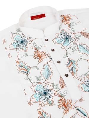 Floral embroidered mandarin collor cotton white kurta 5