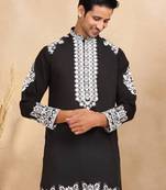Ethnic embroidered mandarin collor cotton silk black kurta