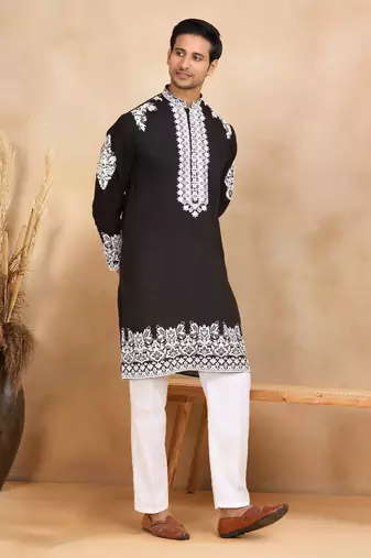 Ethnic embroidered mandarin collor cotton silk black kurta